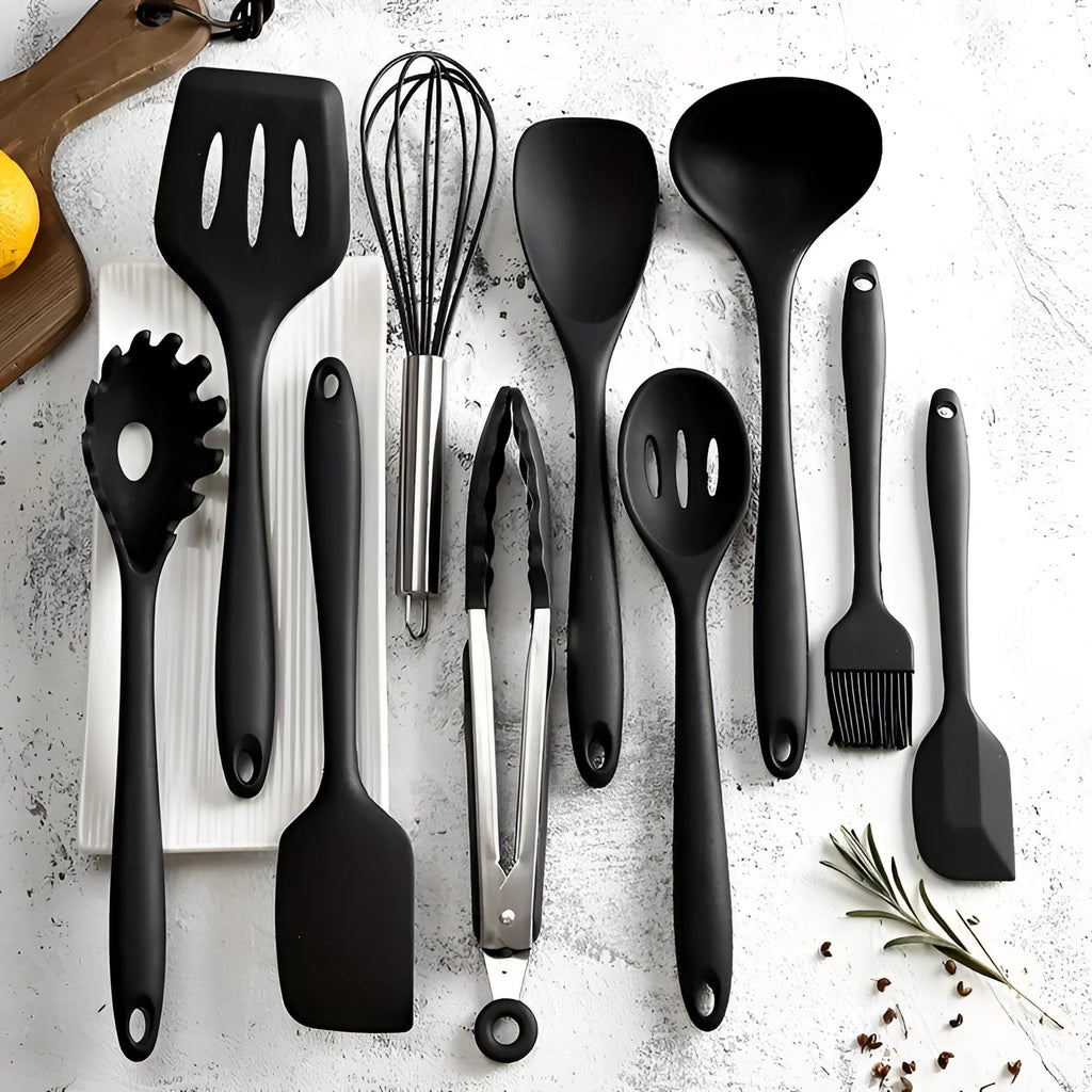 Ivory silikon kjøkkenredskapssett, non-stick og varmebestandige ergonomiske verktøy