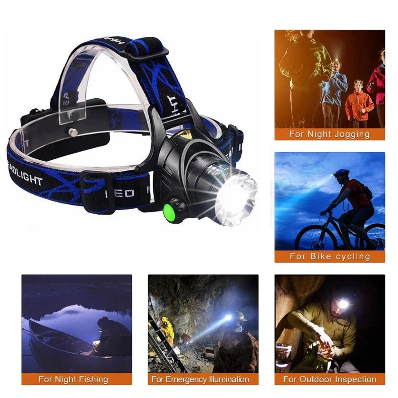 Lampe frontale LED rechargeable avec zoom, étanche, pour une utilisation par tous les temps