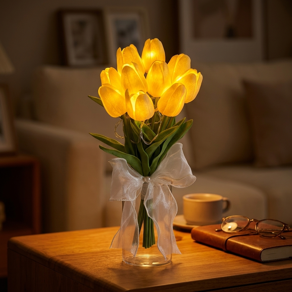 LED tulipánová kytice s automatickým časovačem pro teplé světlo po celý rok