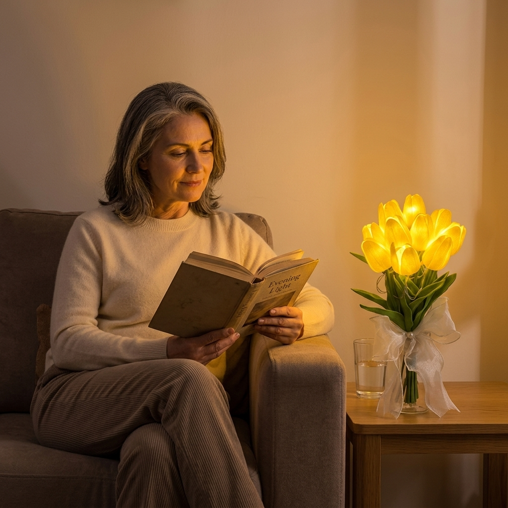 LED tulipánová kytice s automatickým časovačem pro teplé světlo po celý rok