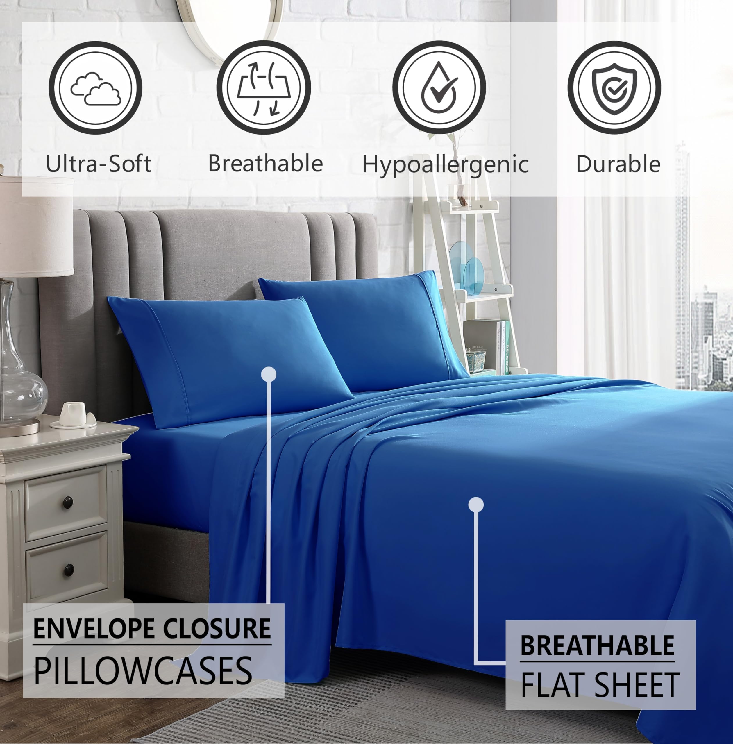 Ensemble de literie Queen en polyester rafraîchissant pour un sommeil confortable, 4 pièces