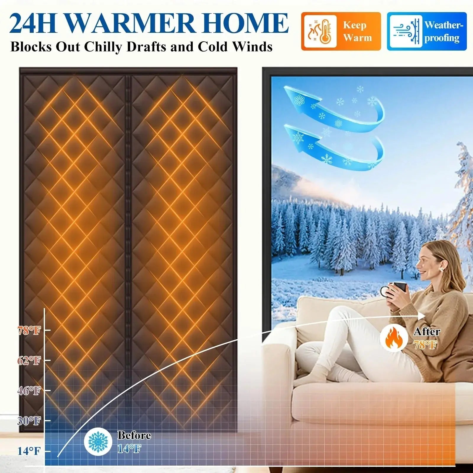 Waterproof Door Curtain With Thick Cotton Insulation And Magnetic Closure