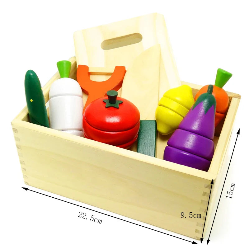Montessori kuchyňská sada hraček s dřevěným ovocem a zeleninou na krájení