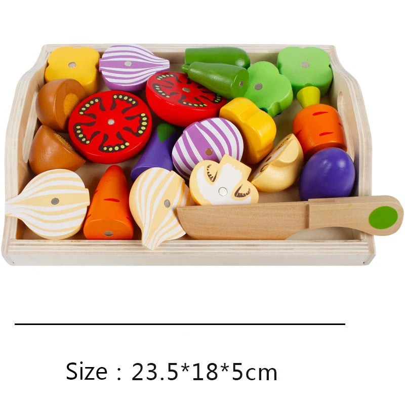 Montessori kuchyňská sada hraček s dřevěným ovocem a zeleninou na krájení