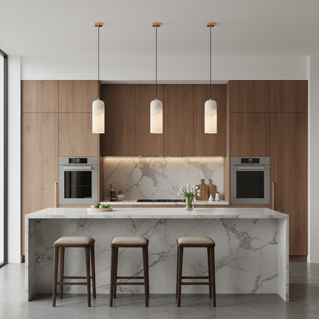 Moderne globependellampe i alabast med messingfinish | Ormexis