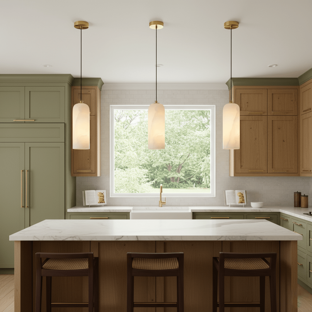 Moderne globependellampe i alabast med messingfinish | Ormexis