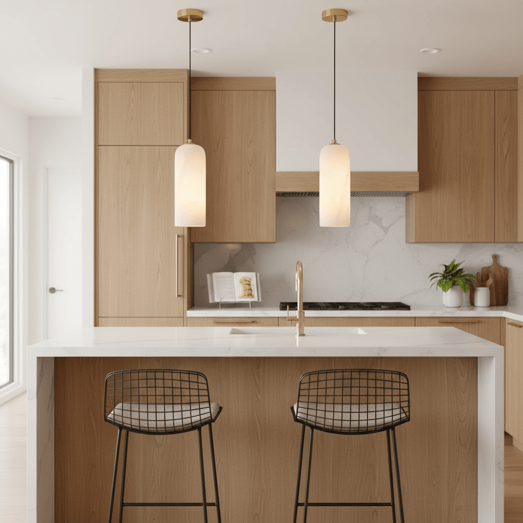 Moderne globependellampe i alabast med messingfinish | Ormexis