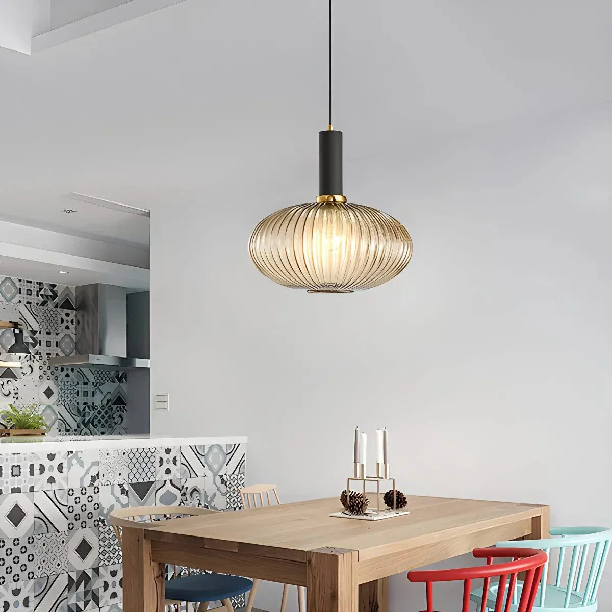 Nordic Glass Pendant Light With Striped Shade Design