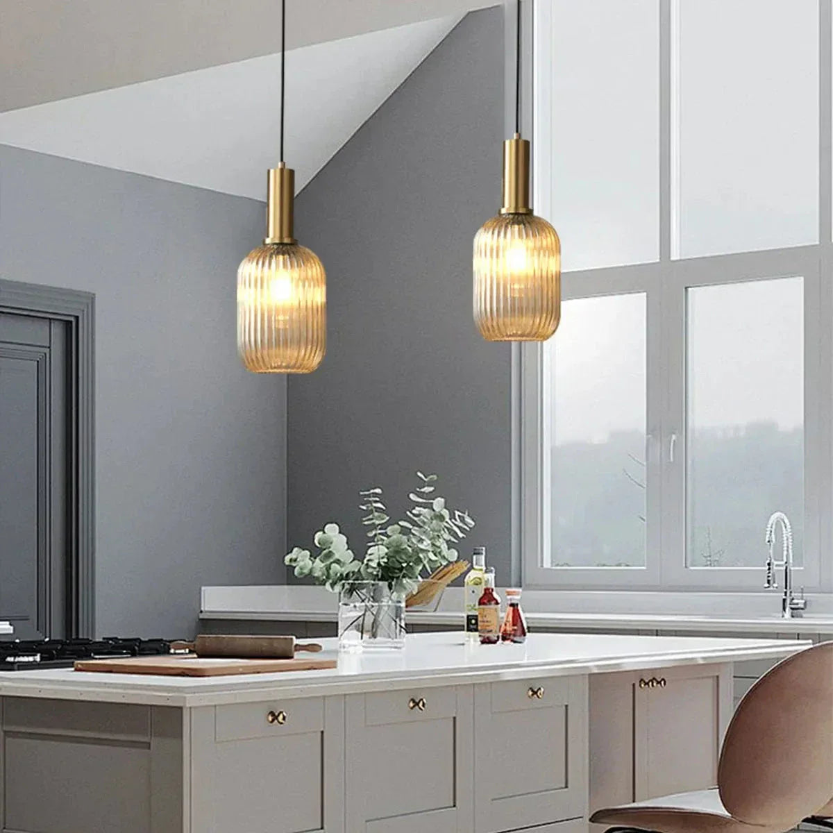 Nordic Glass Pendant Light With Striped Shade Design