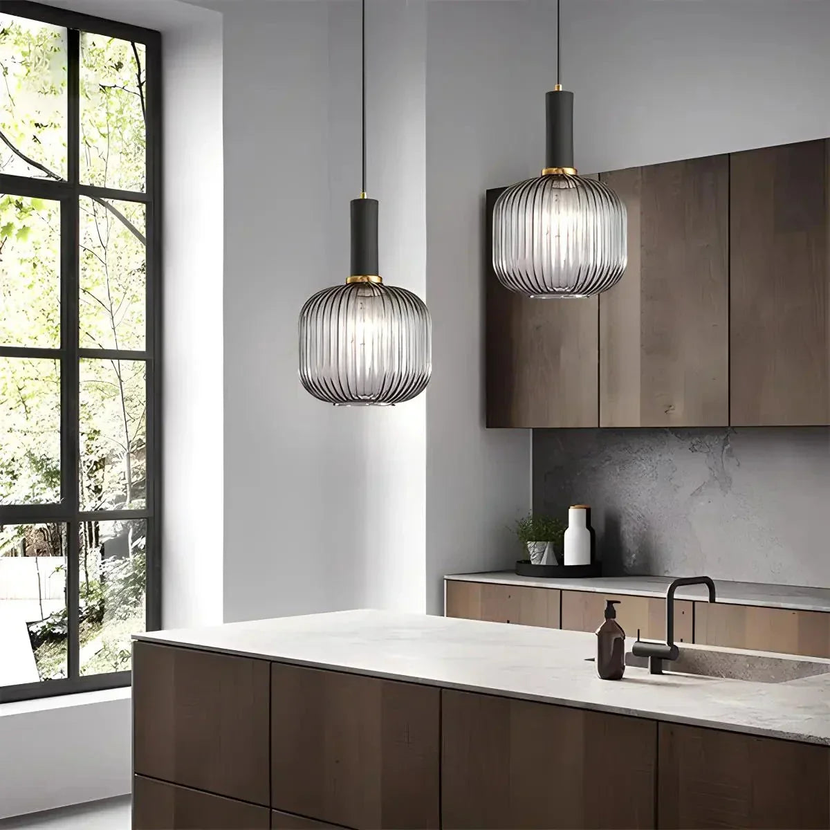 Nordic Glass Pendant Light With Striped Shade Design