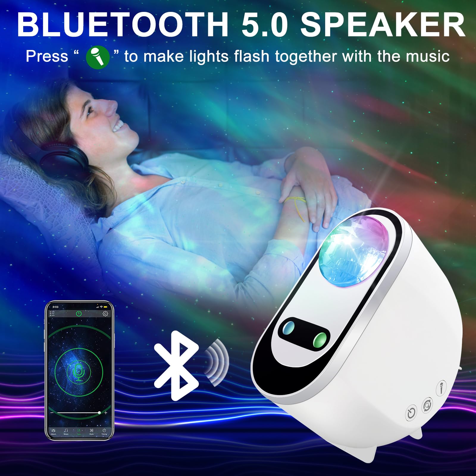 Ocean Wave-projektor med LED-belysning, Bluetooth-højttaler og stemmestyring