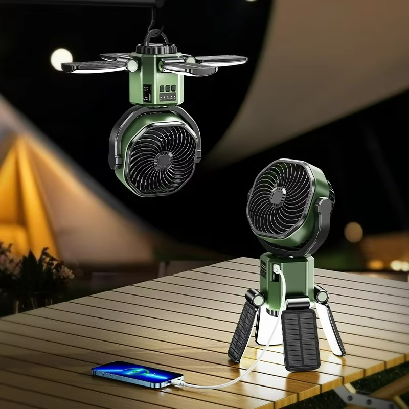Přenosný venkovní ventilátor na baterie s nastavitelnou rychlostí a LED světlem pro kempování a turistiku