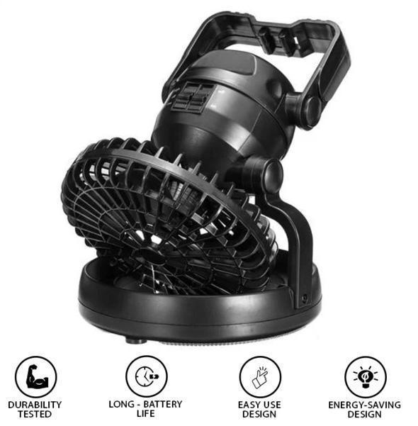 Přenosný kempingový ventilátor s dobíjecí baterií a LED světlem