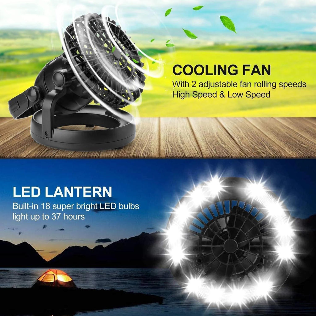 Přenosný kempingový ventilátor s dobíjecí baterií a LED světlem