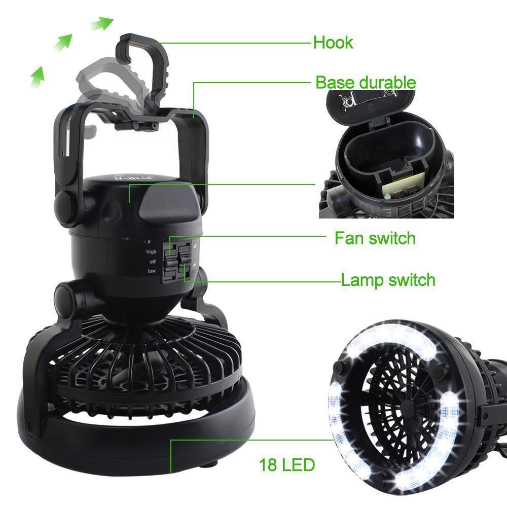 Přenosný kempingový ventilátor s dobíjecí baterií a LED světlem