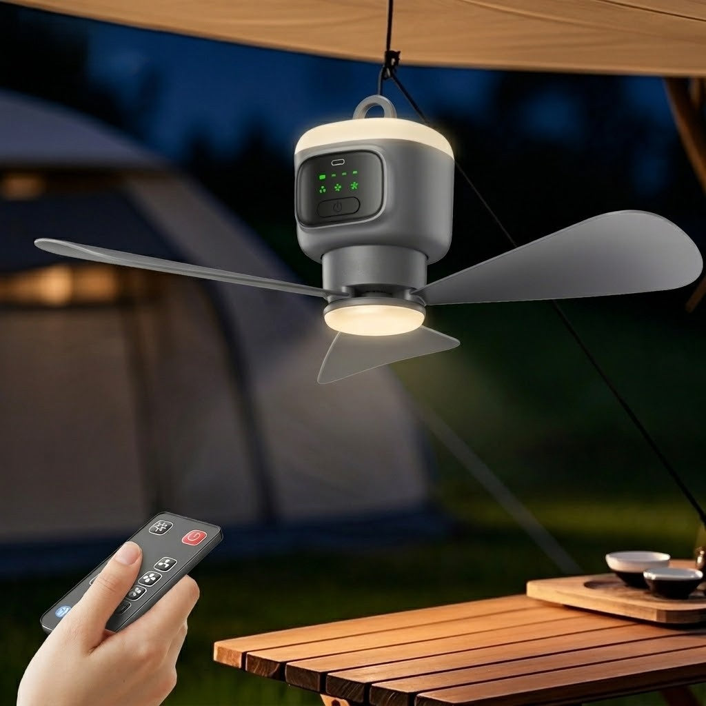 Genopladelig bærbar ventilator med lys og fjernbetjening for komfort og bekvemmelighed