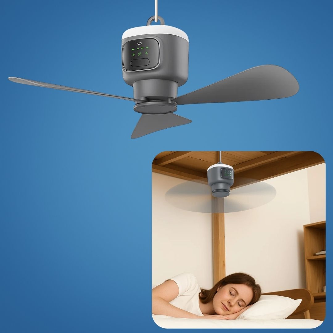 Stropní ventilátor Airglide s LED světlem, dálkovým ovládáním a 30hodinovou baterií pro cestování - Ormexis