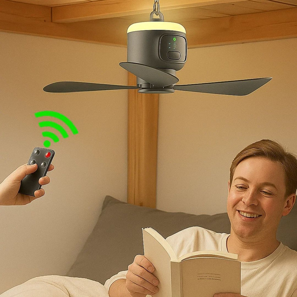 Stropní ventilátor Airglide s LED světlem, dálkovým ovládáním a 30hodinovou baterií pro cestování - Ormexis