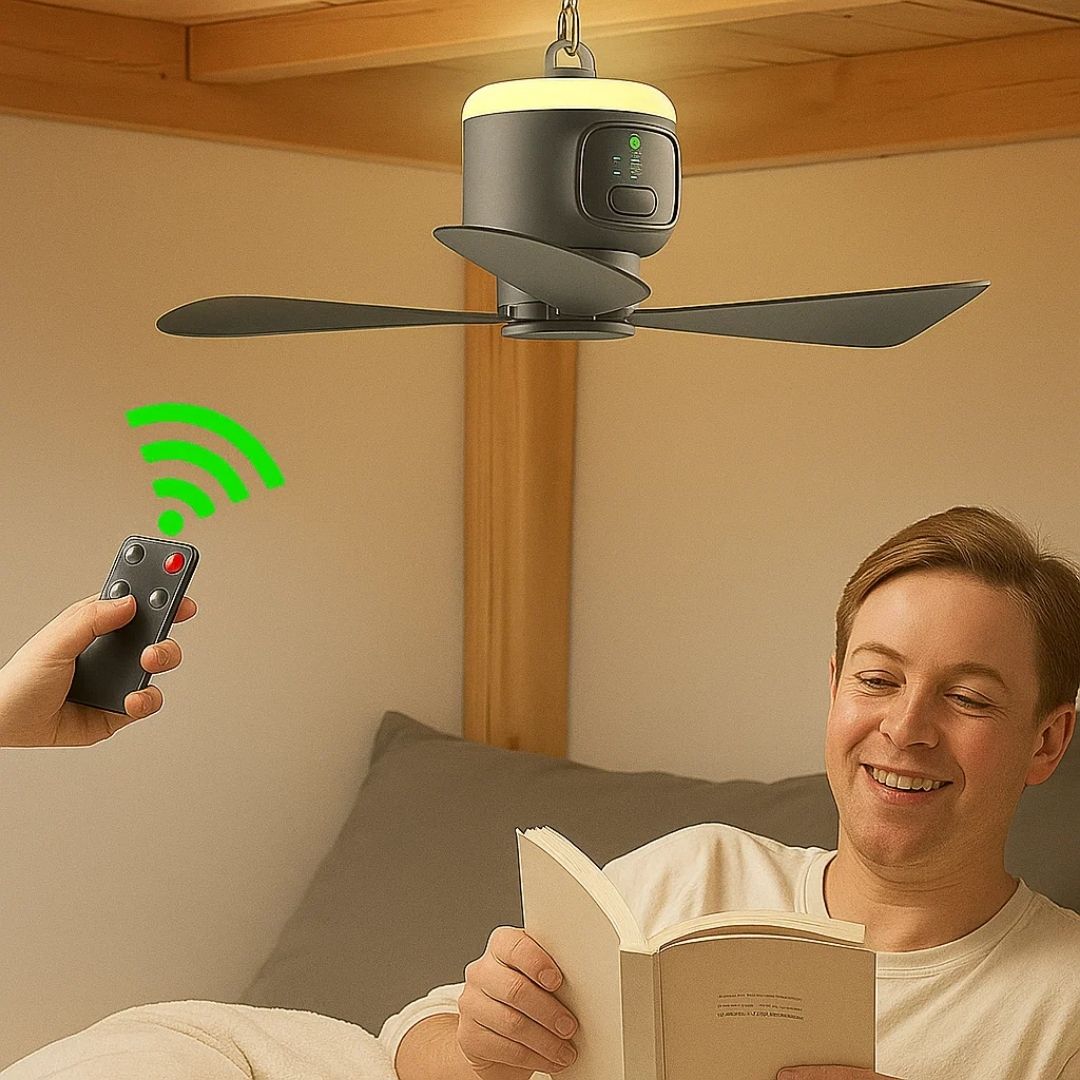 Stropní ventilátor Airglide s LED světlem, dálkovým ovládáním a 30hodinovou baterií pro cestování - Ormexis