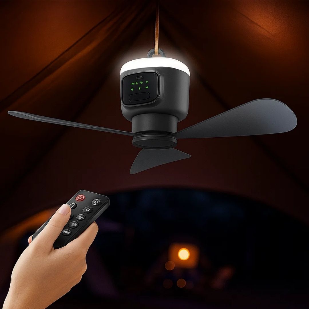 Stropní ventilátor Airglide s LED světlem, dálkovým ovládáním a 30hodinovou baterií pro cestování - Ormexis