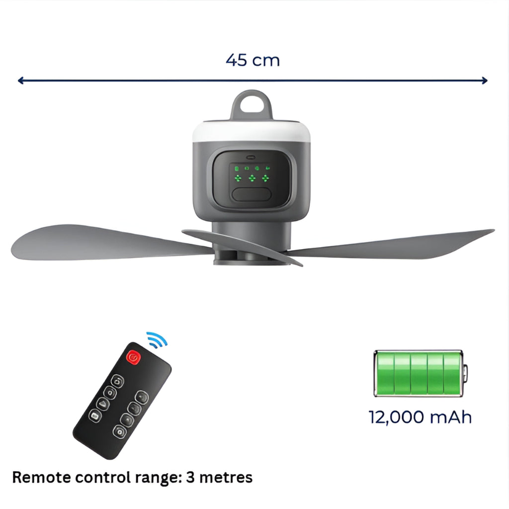 Stropní ventilátor Airglide s LED světlem, dálkovým ovládáním a 30hodinovou baterií pro cestování - Ormexis