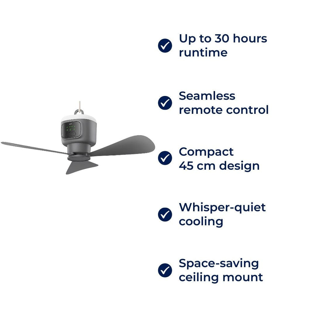 Stropní ventilátor Airglide s LED světlem, dálkovým ovládáním a 30hodinovou baterií pro cestování - Ormexis