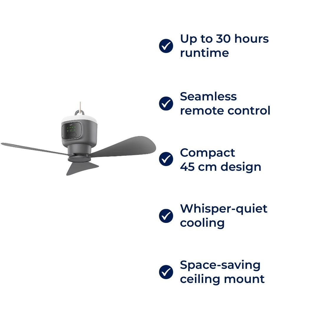 Stropní ventilátor Airglide s LED světlem, dálkovým ovládáním a 30hodinovou baterií pro cestování - Ormexis