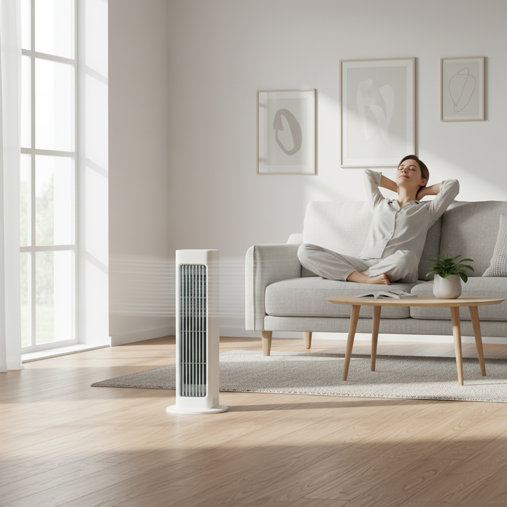 Tragbarer oszillierender Turmventilator für effiziente, platzsparende Kühlung zu Hause und im Büro