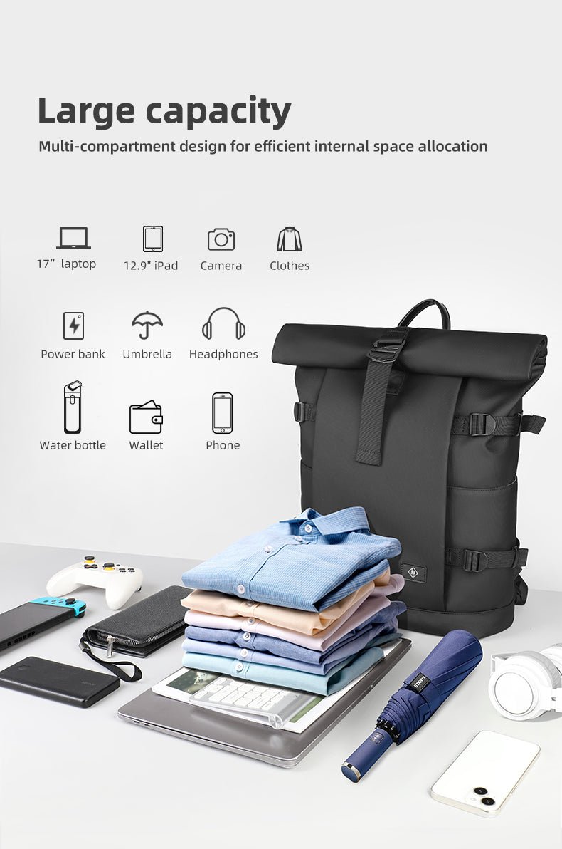 ROLLTRAIL Udvidelig Rolltop, 17-tommer Laptop Rygsæk med Vandtæt Design og Tyverisikring