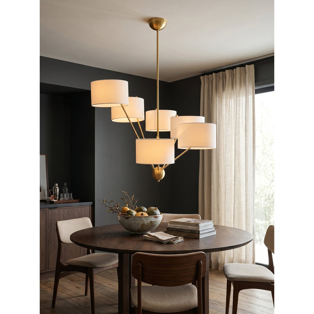 Candeeiro de teto Sputnik em latão com 6 luzes e cúpulas de linho | Ormexis