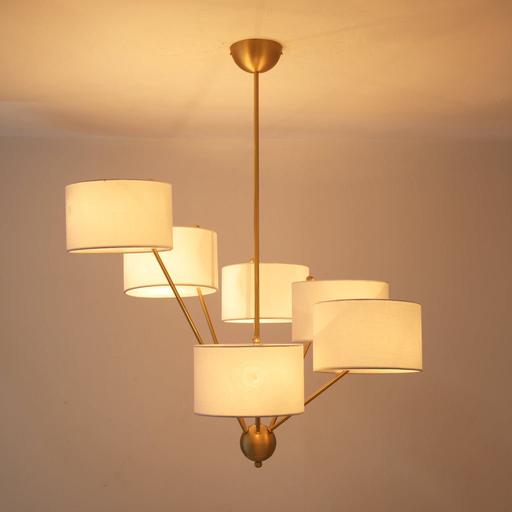 Candeeiro de teto Sputnik em latão com 6 luzes e cúpulas de linho | Ormexis