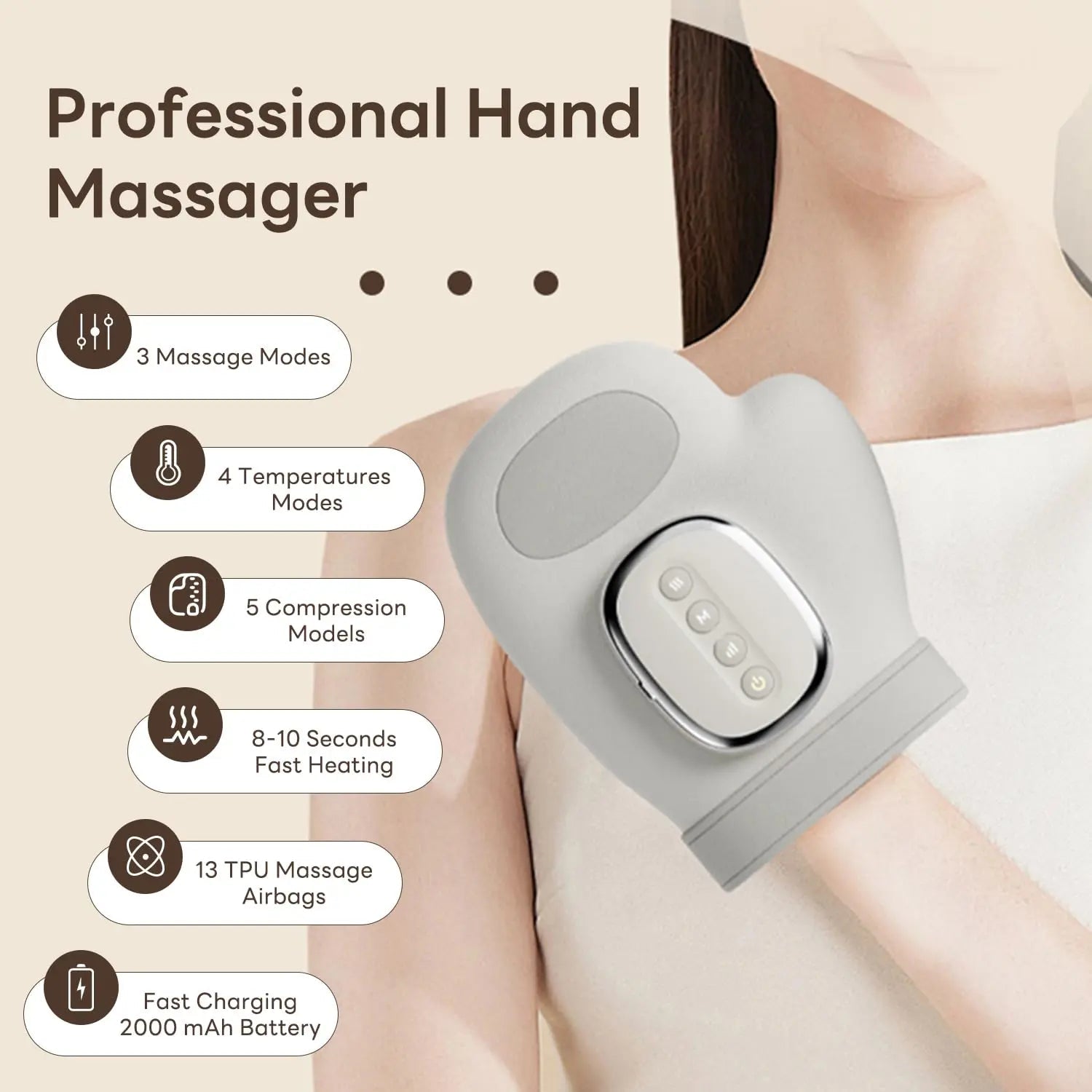 Masseur de mains RelaxEase sans fil avec chaleur et cinq niveaux d'intensité