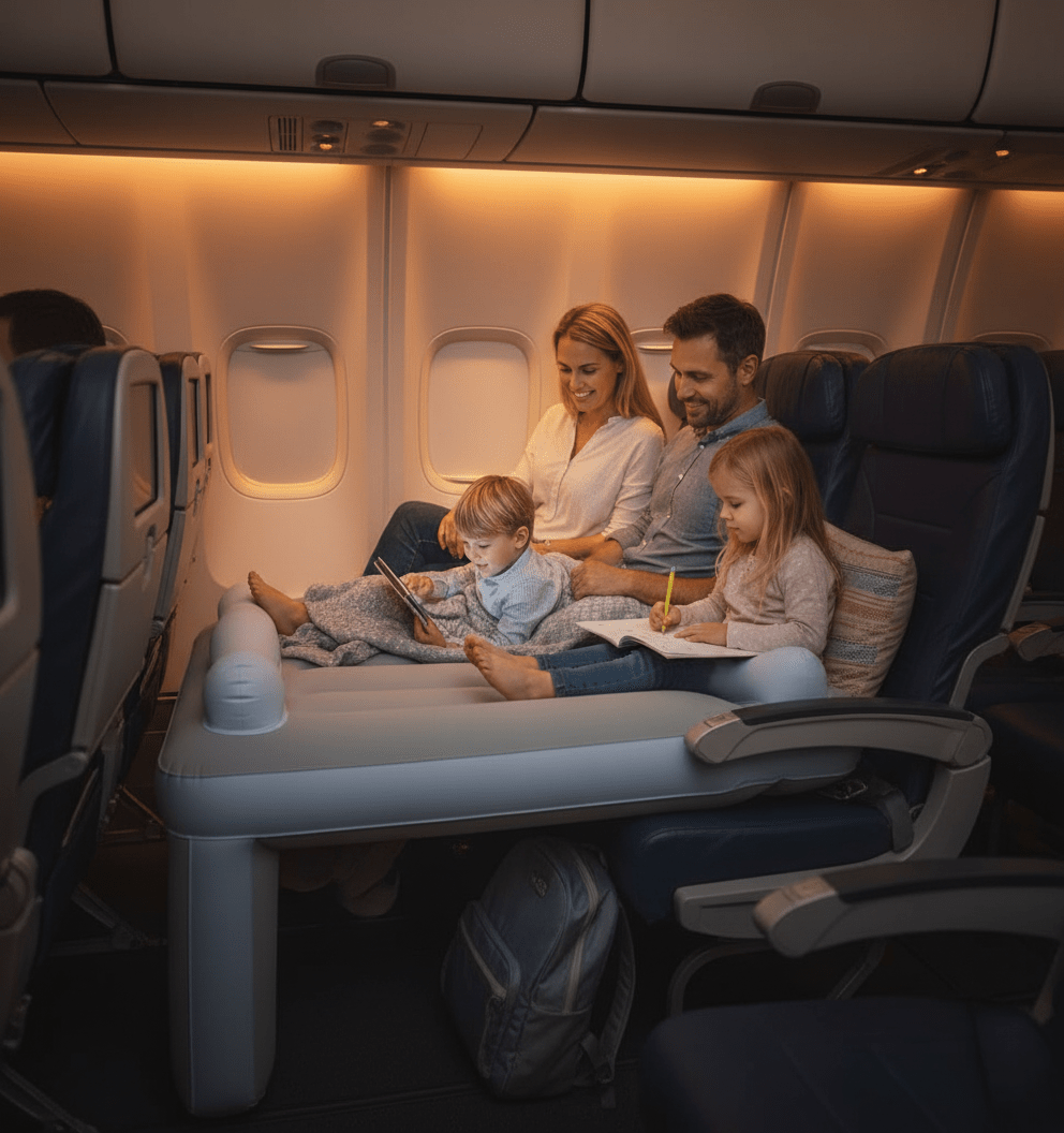 SkyComfort oppustelig flysæde til småbørn med blød overflade for rejsekomfort