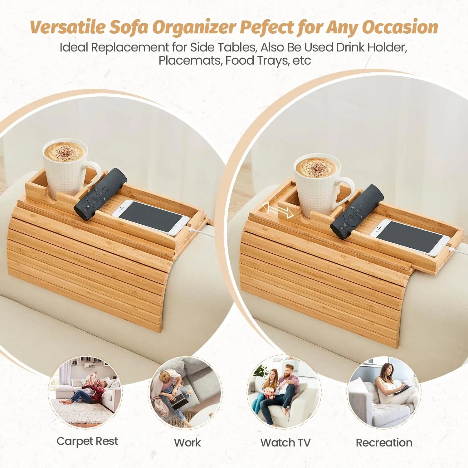 Slumblr Bambus-Couch-Tablett mit klappbarem Design für Getränke und Snacks, stabile Oberfläche