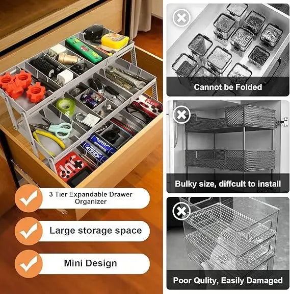 Smart Organizer Three-Tier Drawer Organizer And Adjustable Dividers For Kitchen And Office
