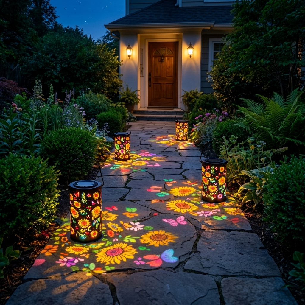 Outdoor Solar Lanterns With Colorful Light Effects And Hand Cut Metal Detail