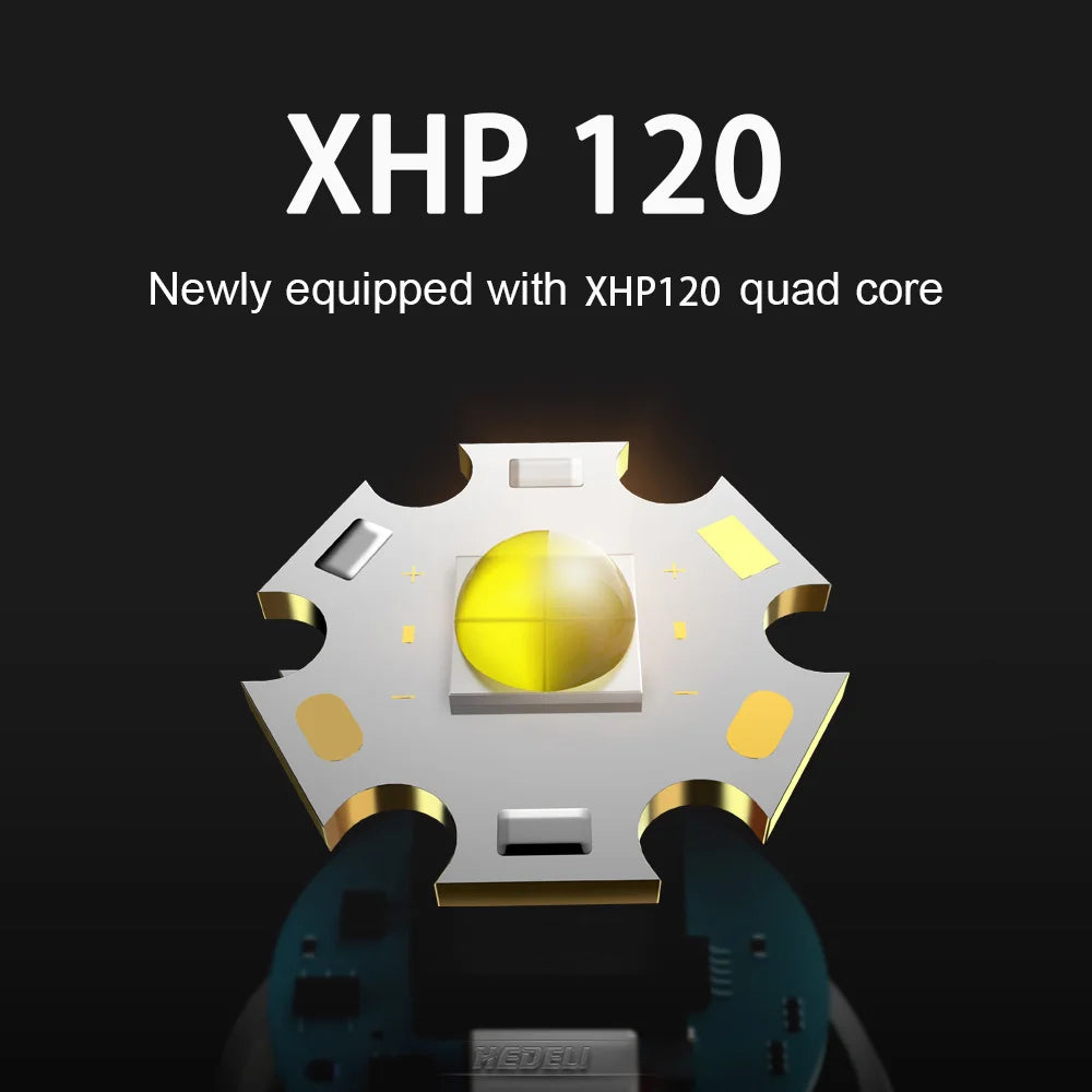 Taktická LED svítilna XHP120 s teleskopickým zoomem, vodotěsná pro venkovní použití