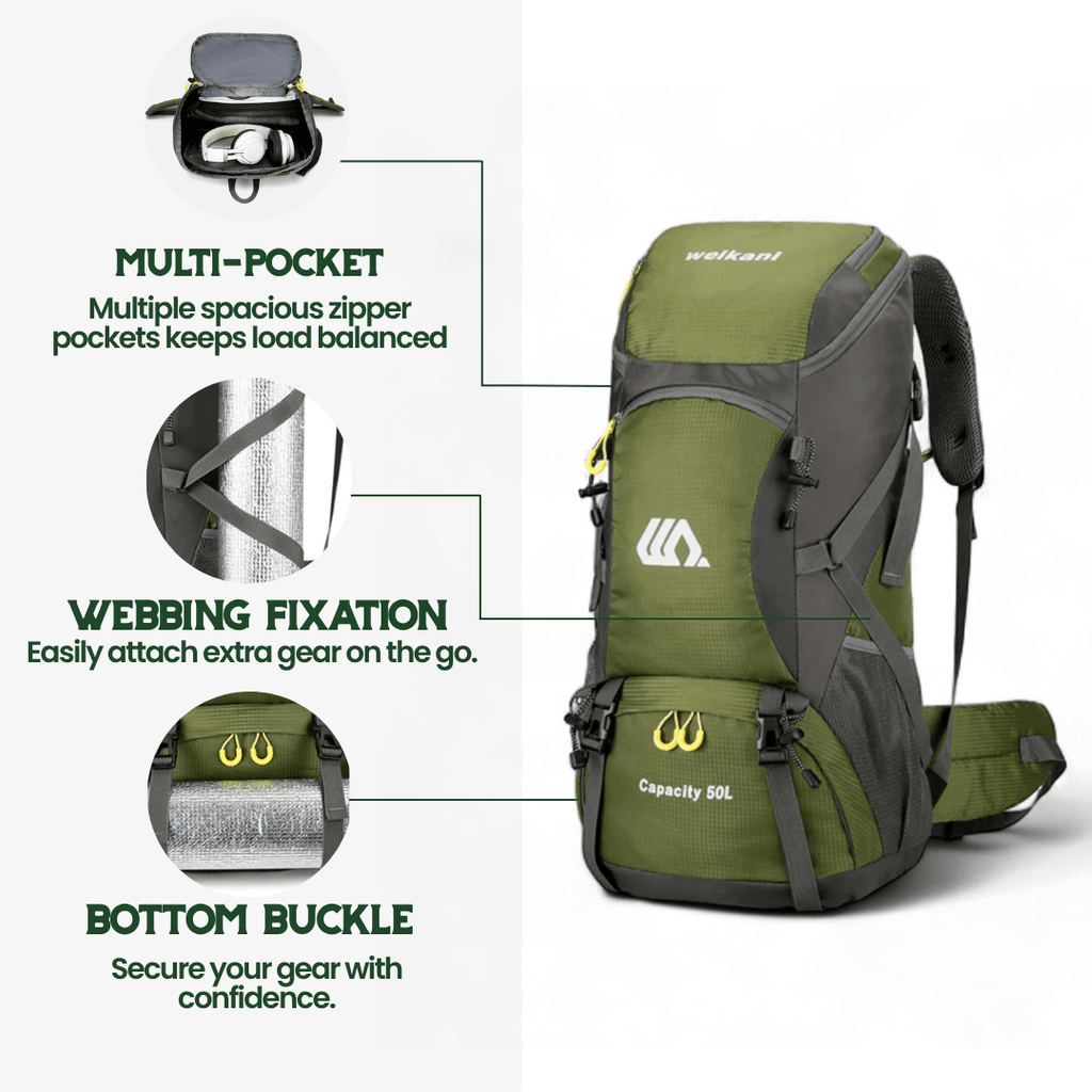 TrailPro 50L vaellussäkki ilmavalla selkäosalla päivittäiseen mukavuuteen