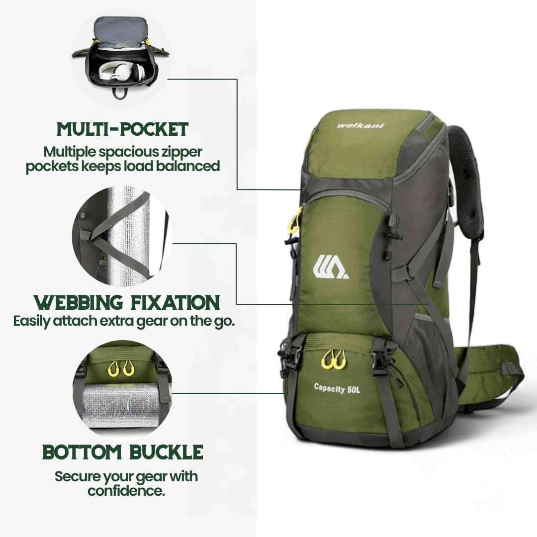 TrailPro 50L vaellussäkki ilmavalla selkäosalla päivittäiseen mukavuuteen