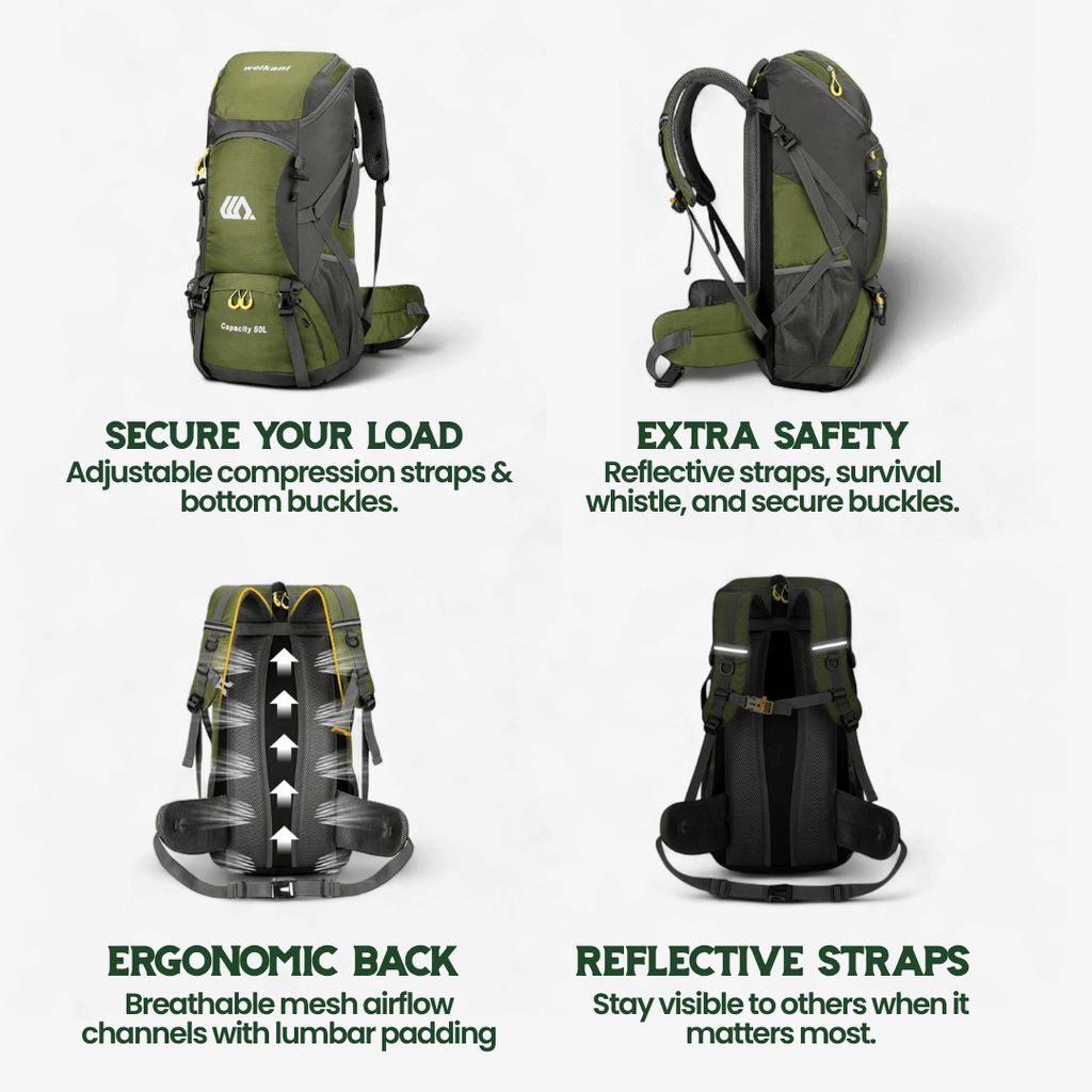 TrailPro 50L vaellussäkki ilmavalla selkäosalla päivittäiseen mukavuuteen