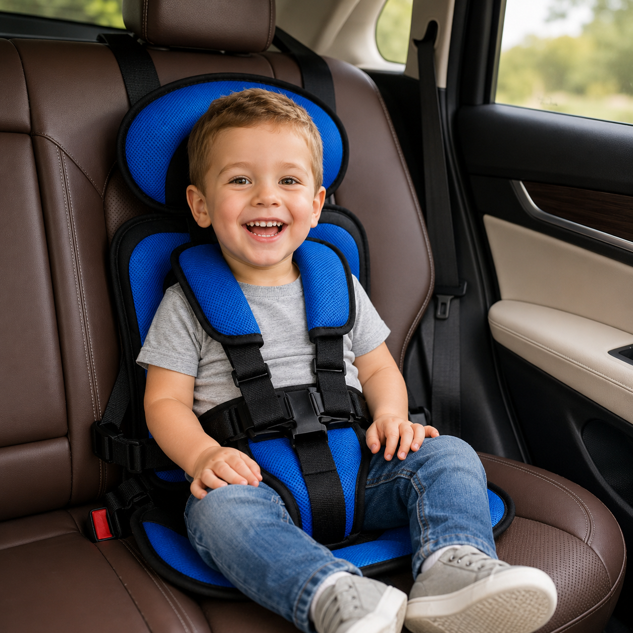 Asiento elevador plegable Travel Buddy con arnés de cinco puntos para mayor comodidad en viajes