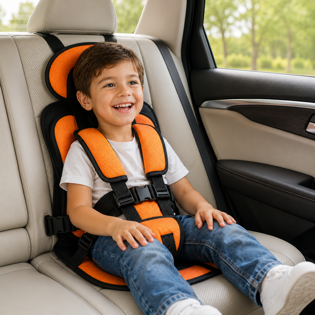 Asiento elevador plegable Travel Buddy con arnés de cinco puntos para mayor comodidad en viajes