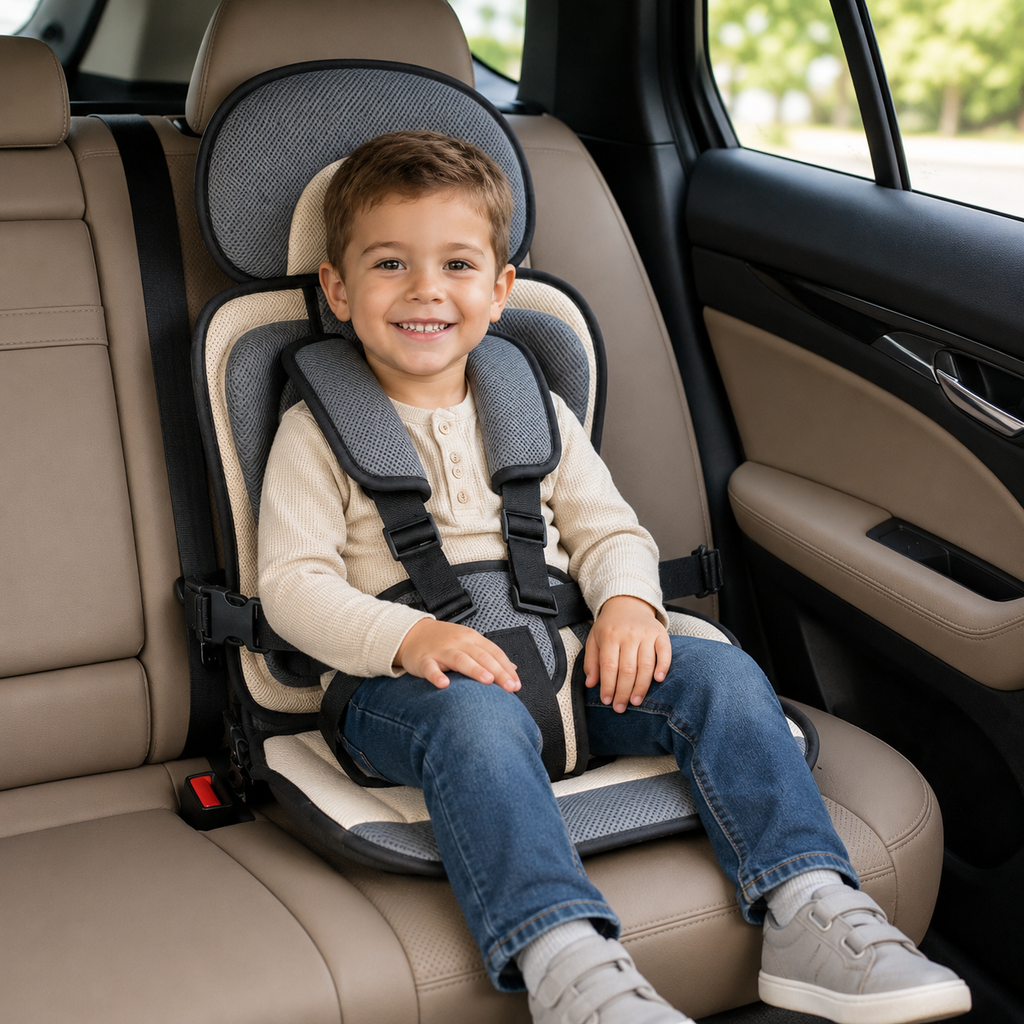 Asiento elevador plegable Travel Buddy con arnés de cinco puntos para mayor comodidad en viajes
