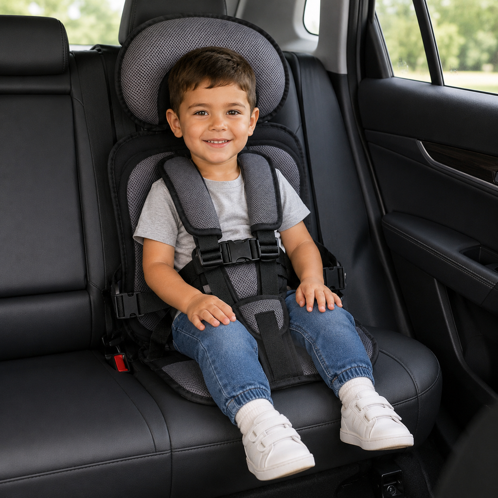 Asiento elevador plegable Travel Buddy con arnés de cinco puntos para mayor comodidad en viajes
