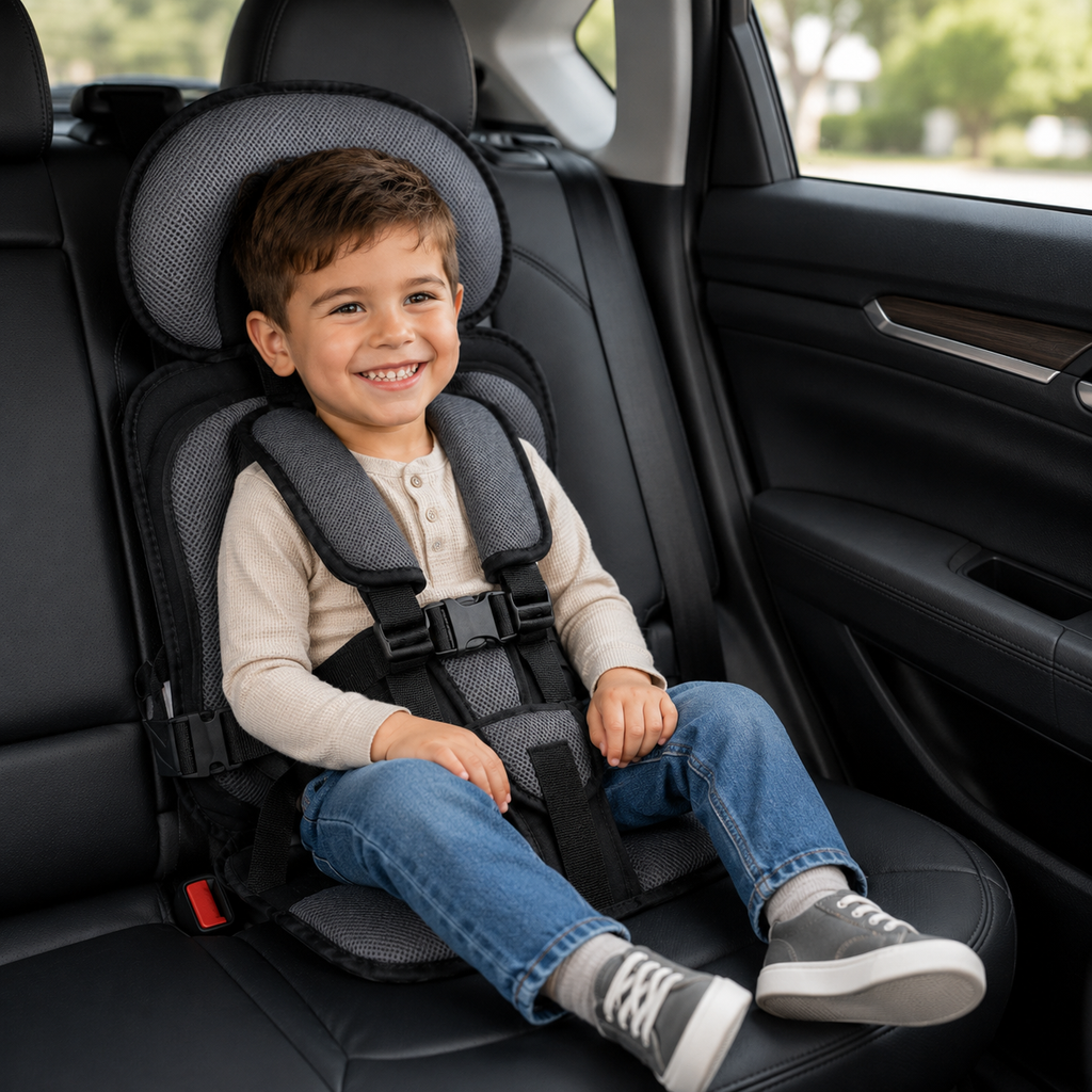 Asiento elevador plegable Travel Buddy con arnés de cinco puntos para mayor comodidad en viajes