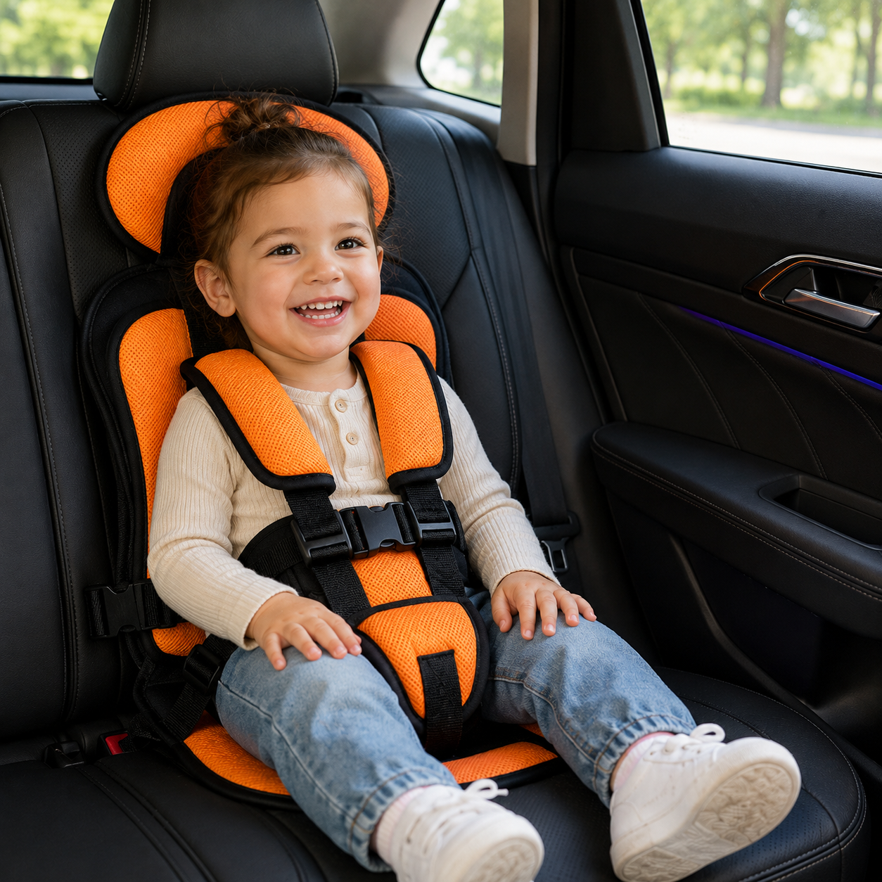 Asiento elevador plegable Travel Buddy con arnés de cinco puntos para mayor comodidad en viajes