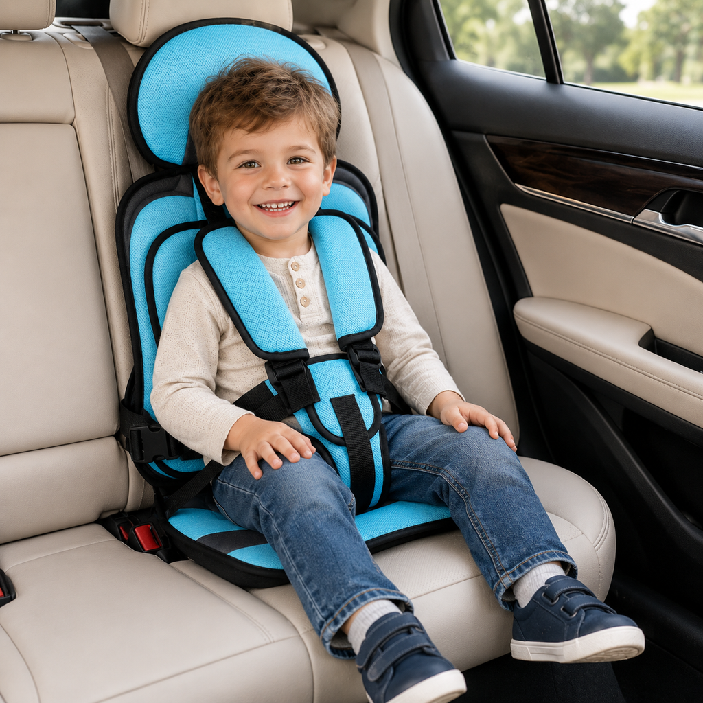 Asiento elevador plegable Travel Buddy con arnés de cinco puntos para mayor comodidad en viajes