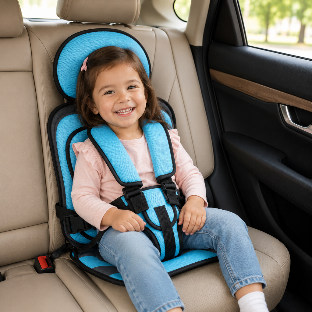 Asiento elevador plegable Travel Buddy con arnés de cinco puntos para mayor comodidad en viajes