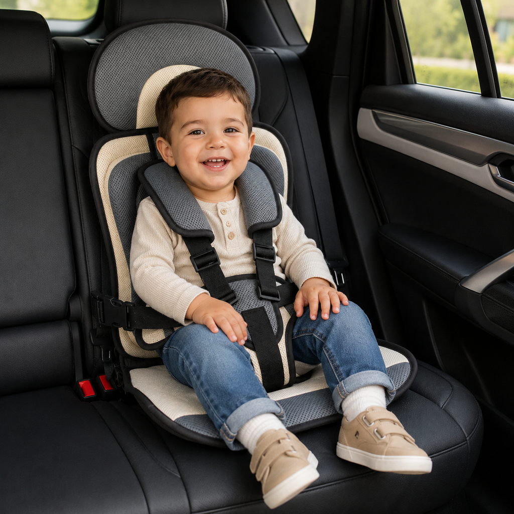 Asiento elevador plegable Travel Buddy con arnés de cinco puntos para mayor comodidad en viajes