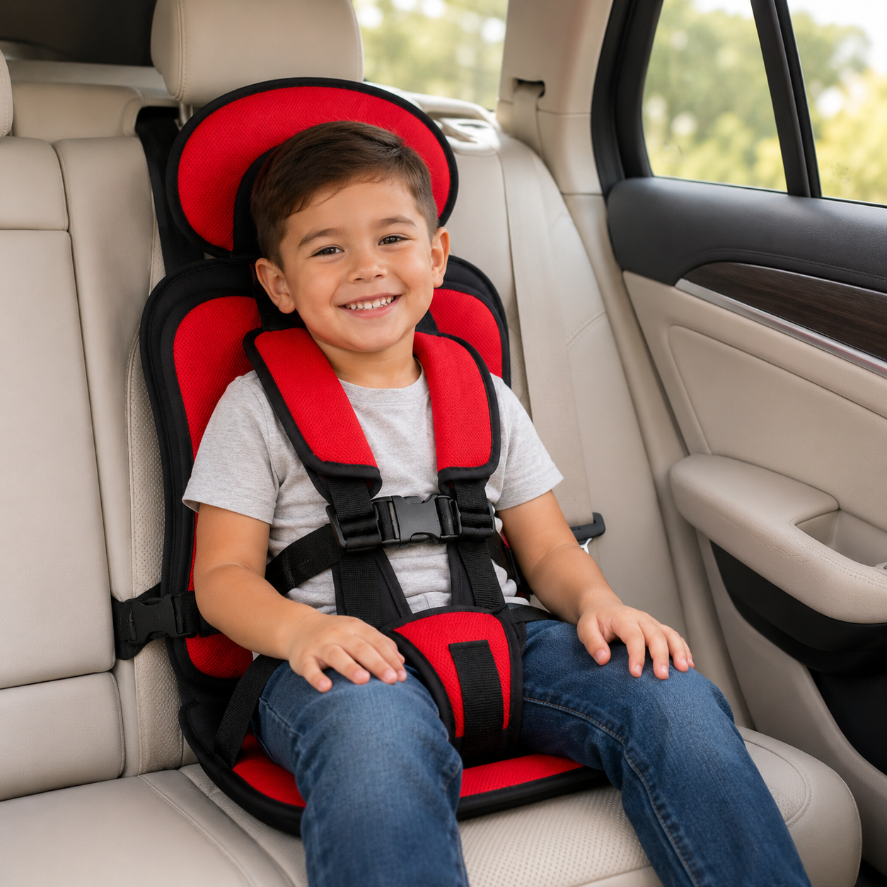 Asiento elevador plegable Travel Buddy con arnés de cinco puntos para mayor comodidad en viajes
